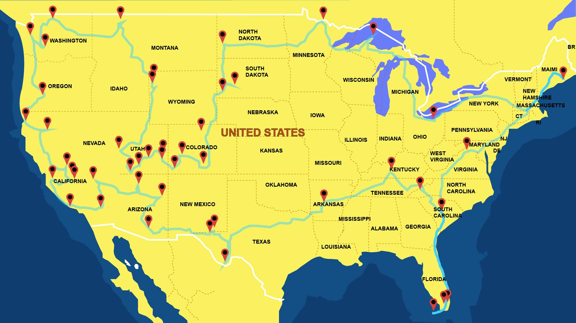 A yellow map of the United States with markers on the location of each our National Parks
