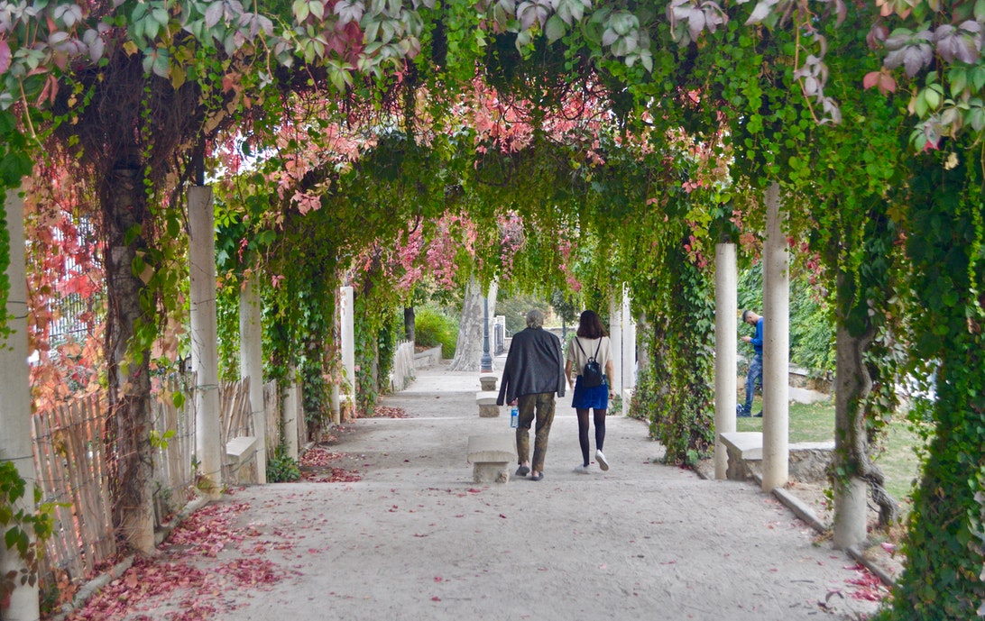 couple walking on pathway with flowering vines at woodward park