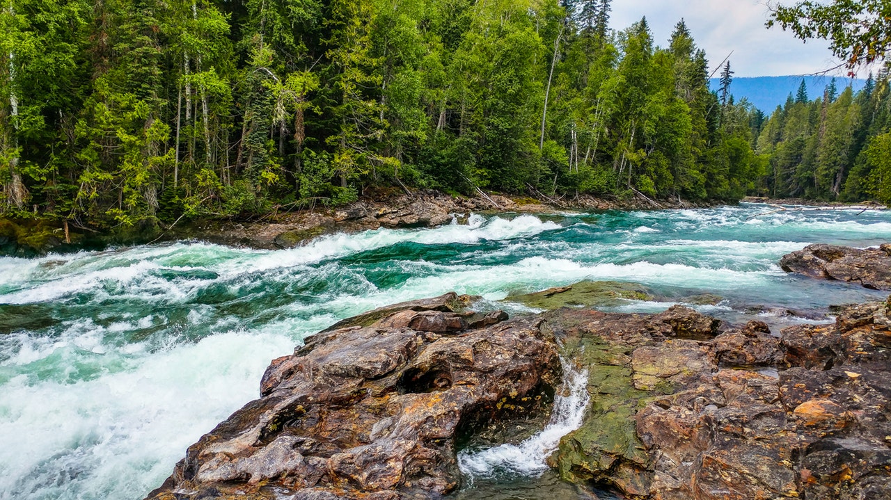 4k-wallpaper-cascade-conifers-1480807 pine forest and river